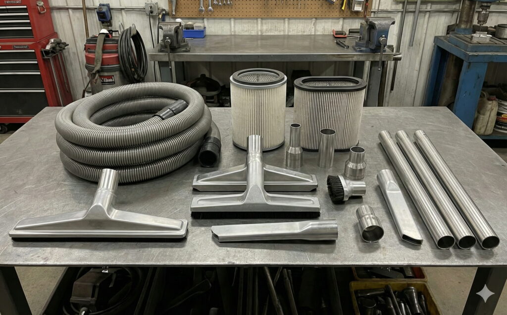 Complete accessoireset voor industriële stofzuiger met slang, filters en mondstukken
